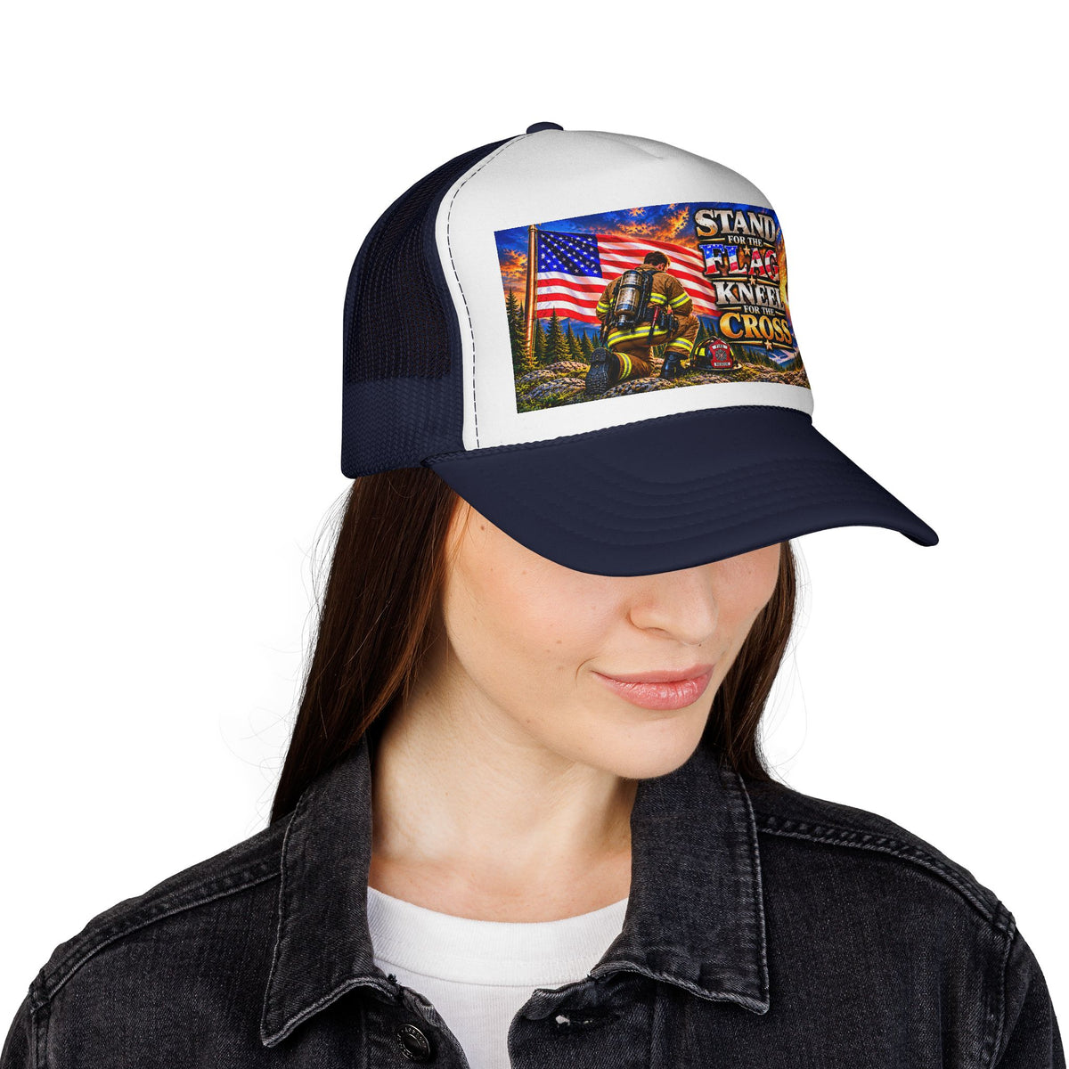 Firefighter_Trucker Cap — "Stand for the Flag, Kneel for the Cross" Patriotic Firefighter Mesh Hat