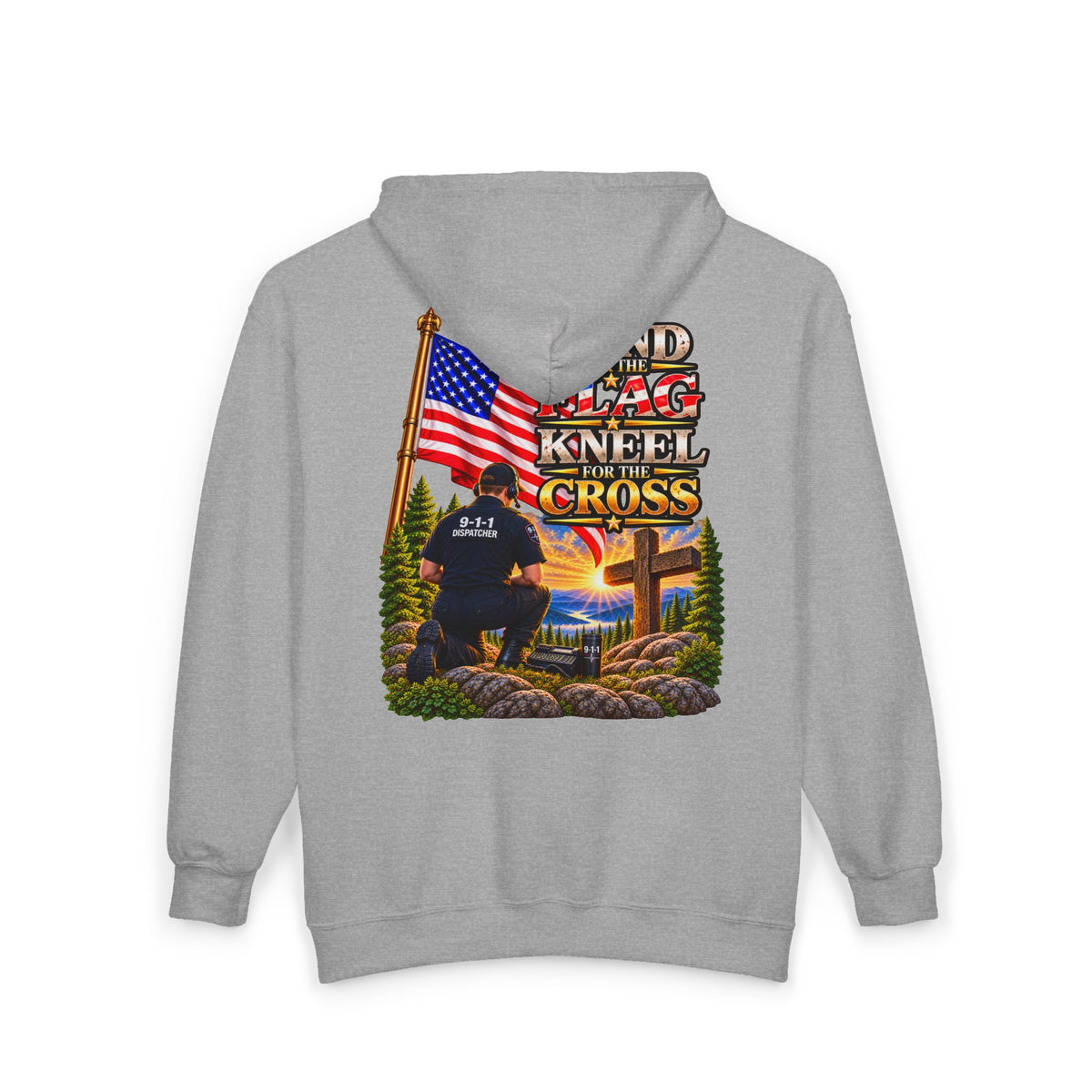 -1-1 Dispatcher_White Male_ Flag & Cross Full-Zip Hoodie – American Flag, ‘Stand & Kneel for the Cross’ Back Graphic_WF