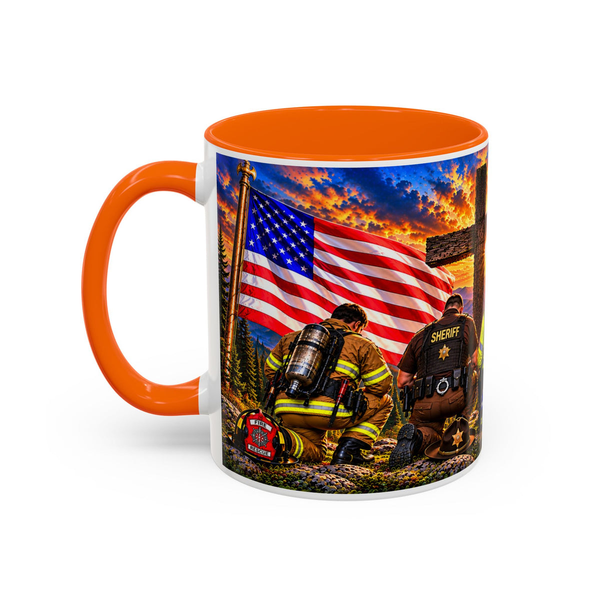 Stand for the Flag, Kneel for the Cross Accent Coffee Mug — Sheriff, Firefighter, EMS & 9-1-1 Telecommunicator 15oz