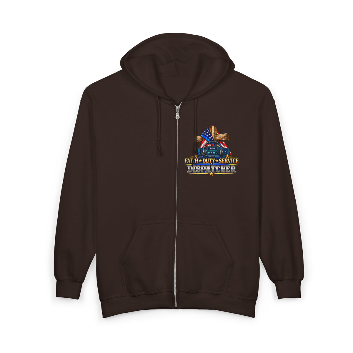 -1-1 Dispatcher_White Male_ Flag & Cross Full-Zip Hoodie – American Flag, ‘Stand & Kneel for the Cross’ Back Graphic_WF
