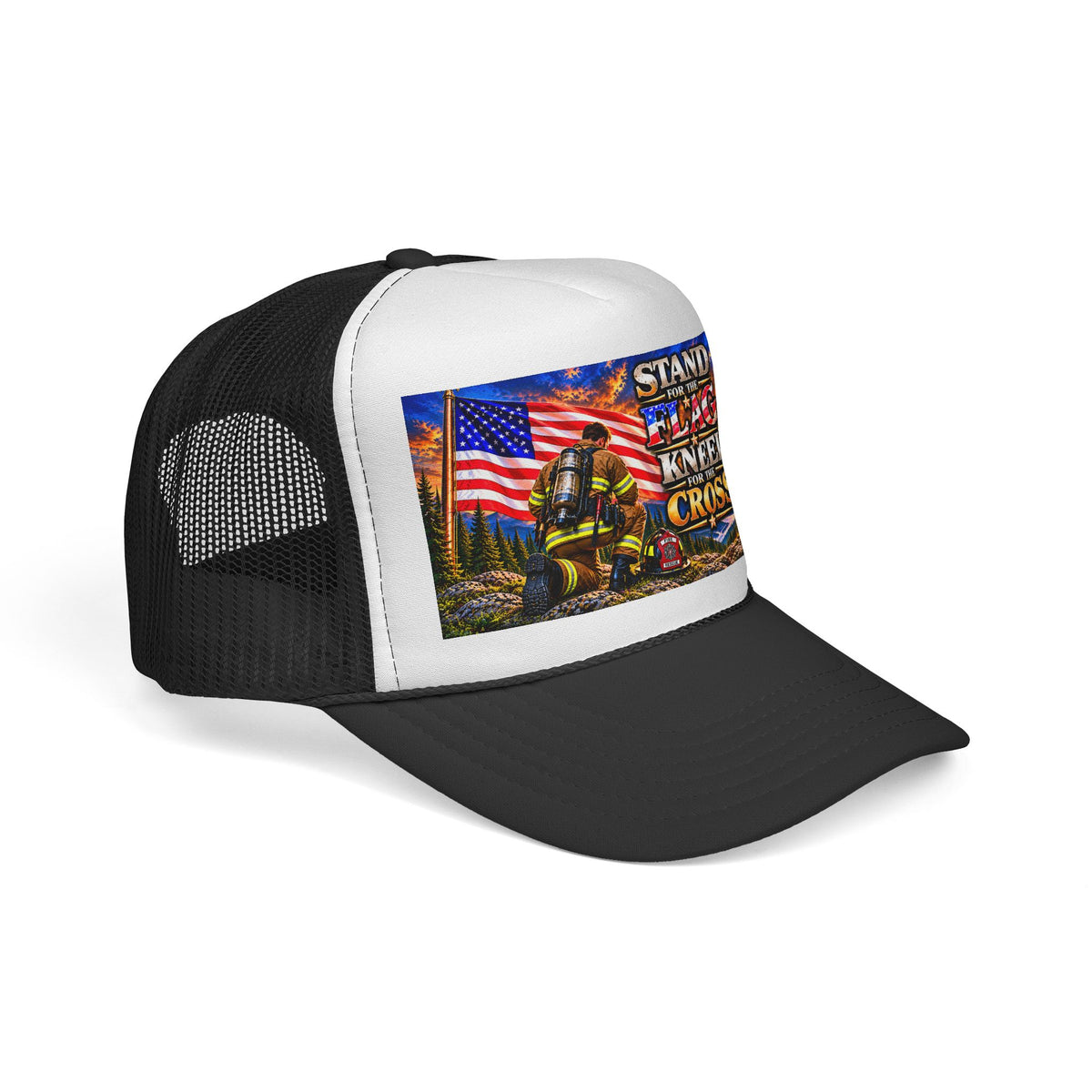 Firefighter_Trucker Cap — "Stand for the Flag, Kneel for the Cross" Patriotic Firefighter Mesh Hat