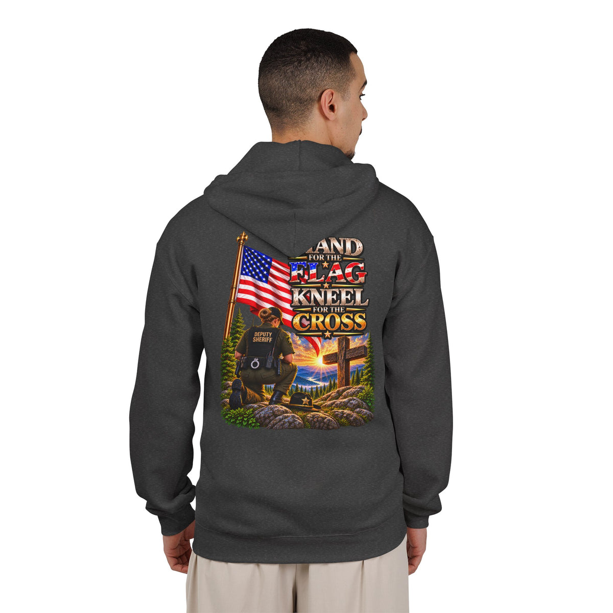 Deputy Flag & Cross Full-Zip Hoodie – American Flag, ‘Stand for the Flag and Kneel for the Cross’ Back Graphic_WF