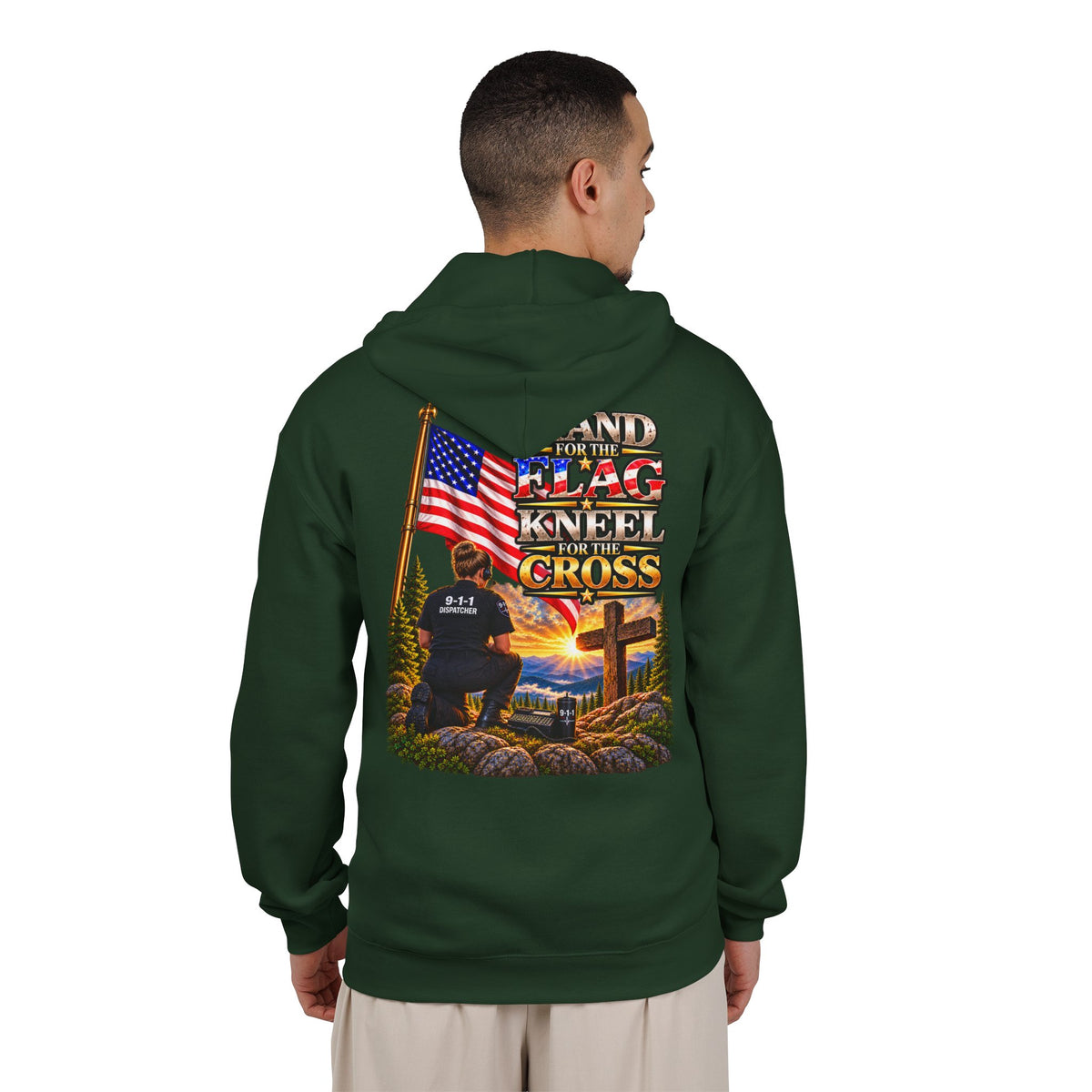 9-1-1 Dispatcher Flag & Cross Full-Zip Hoodie – American Flag, ‘Stand & Kneel for the Cross’ Back Graphic_WF