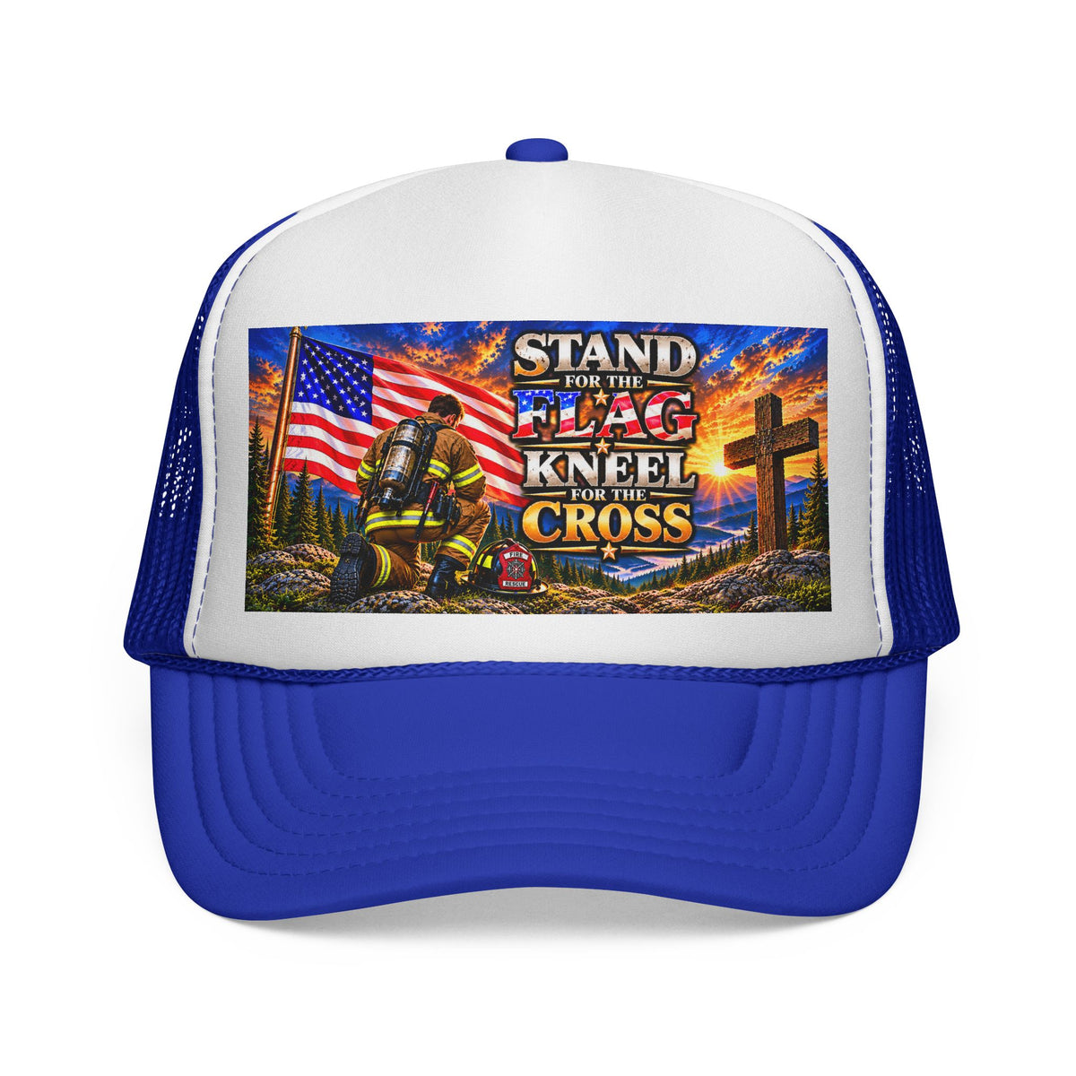 Firefighter_Trucker Cap — "Stand for the Flag, Kneel for the Cross" Patriotic Firefighter Mesh Hat