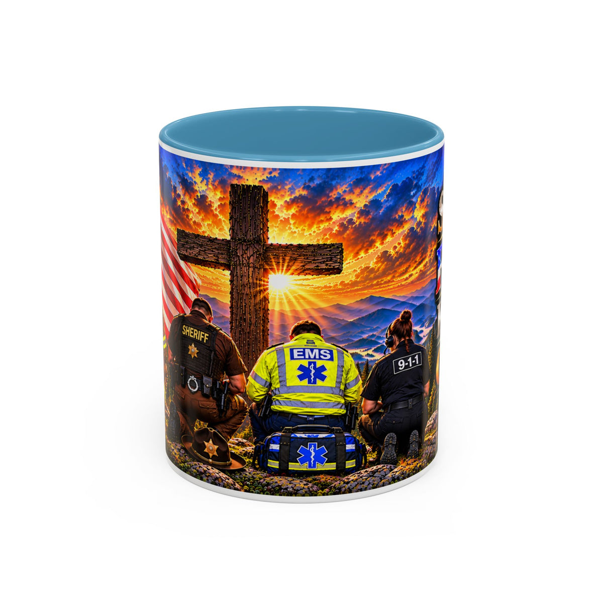 Stand for the Flag, Kneel for the Cross Accent Coffee Mug — Sheriff, Firefighter, EMS & 9-1-1 Telecommunicator 15oz