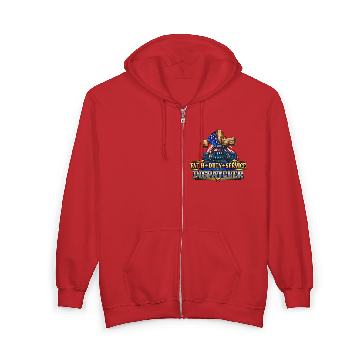 9-1-1 Dispatcher Flag & Cross Full-Zip Hoodie – American Flag, ‘Stand & Kneel for the Cross’ Back Graphic_WF