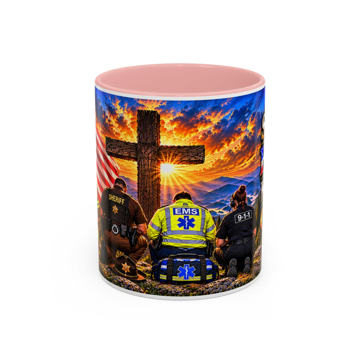 Stand for the Flag, Kneel for the Cross Accent Coffee Mug — Sheriff, Firefighter, EMS & 9-1-1 Telecommunicator 15oz