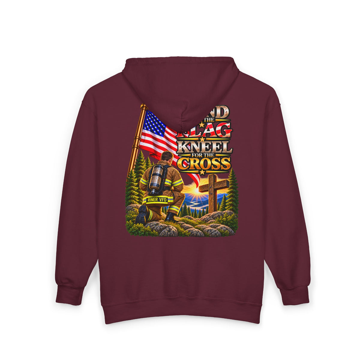 Riner VFD Firefighter Stand for the Flag, Kneel for the Cross - Hoodie_WM
