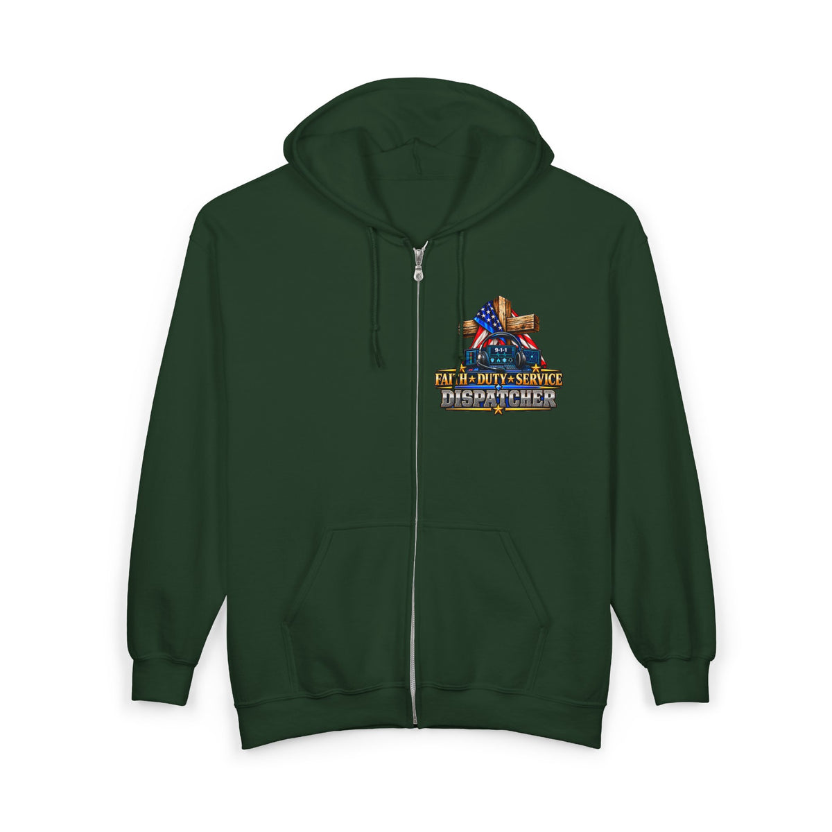 9-1-1 Dispatcher Flag & Cross Full-Zip Hoodie – American Flag, ‘Stand & Kneel for the Cross’ Back Graphic_WF