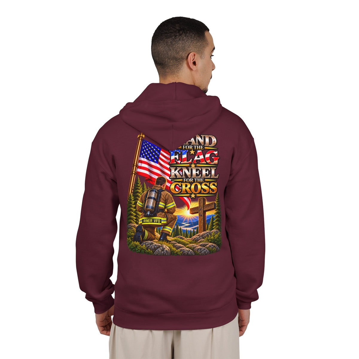 Riner VFD Firefighter Stand for the Flag, Kneel for the Cross - Hoodie_WM