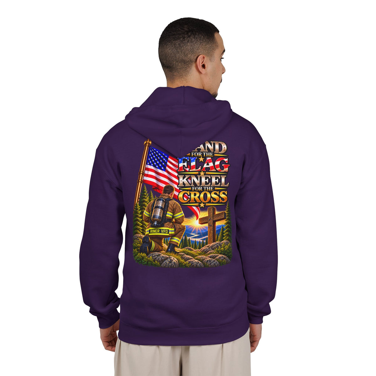 Riner VFD Firefighter Stand for the Flag, Kneel for the Cross - Hoodie_WM