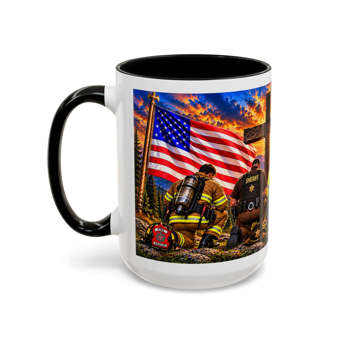 Stand for the Flag, Kneel for the Cross Accent Coffee Mug — Sheriff, Firefighter, EMS & 9-1-1 Telecommunicator 15oz