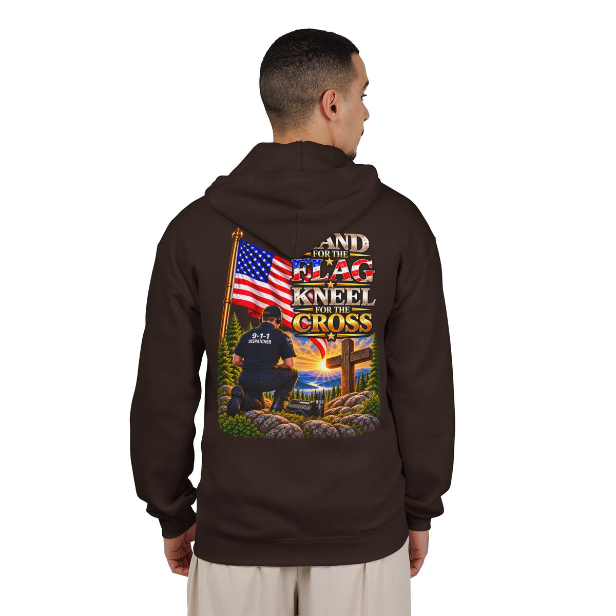 -1-1 Dispatcher_White Male_ Flag & Cross Full-Zip Hoodie – American Flag, ‘Stand & Kneel for the Cross’ Back Graphic_WF