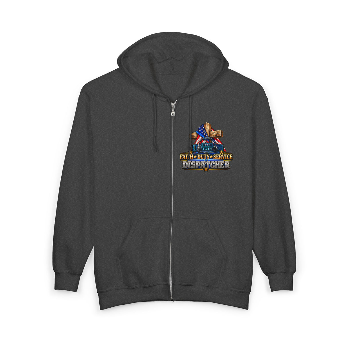 9-1-1 Dispatcher Flag & Cross Full-Zip Hoodie – American Flag, ‘Stand & Kneel for the Cross’ Back Graphic_WF