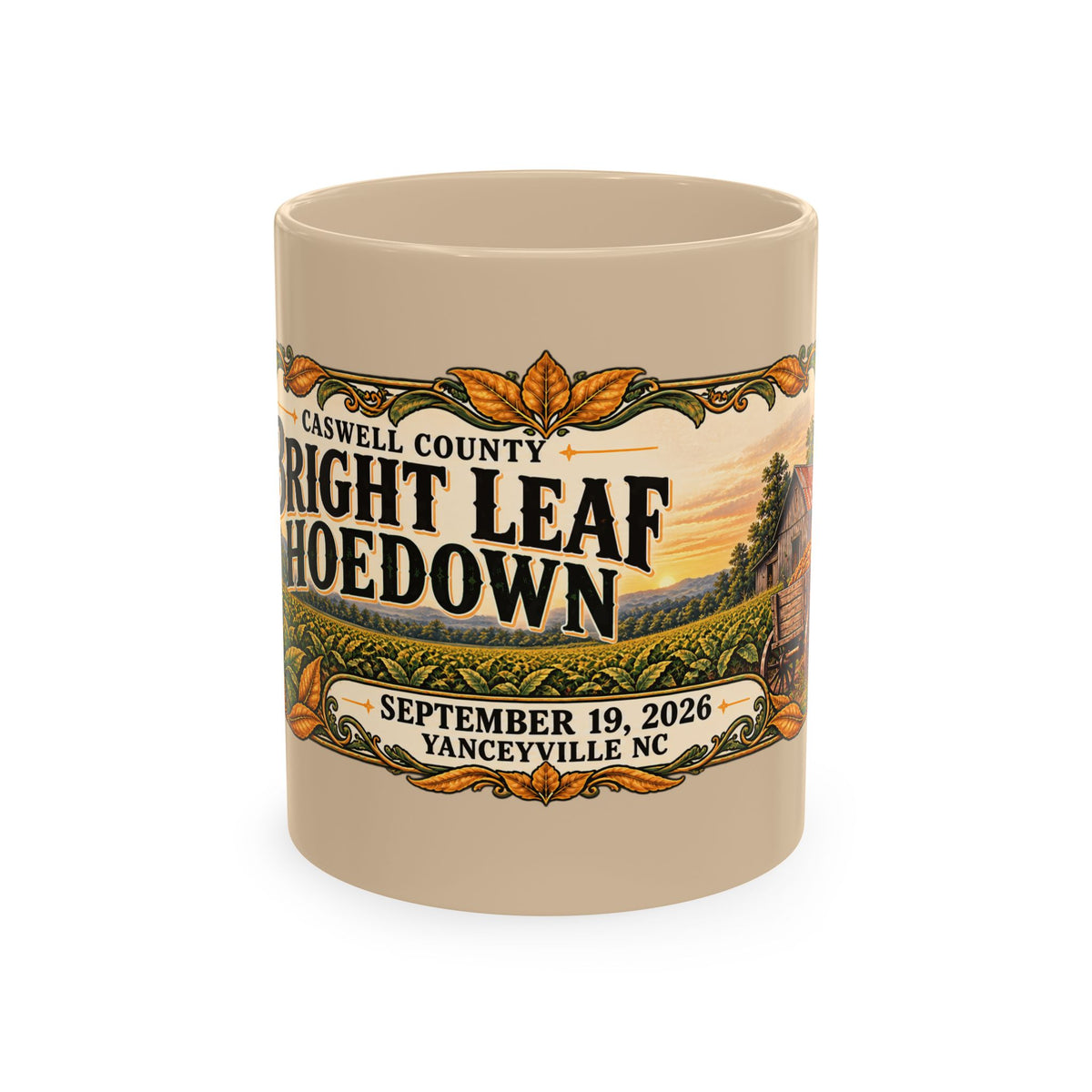 Bright Leaf Hoedown Ceramic Mug — Yanceyville NC Event Souvenir (Sept 19, 2026)