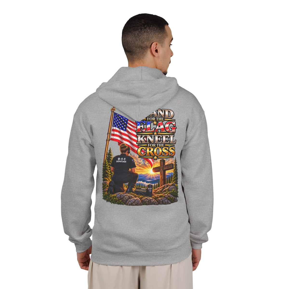 9-1-1 Dispatcher Flag & Cross Full-Zip Hoodie – American Flag, ‘Stand & Kneel for the Cross’ Back Graphic_WF
