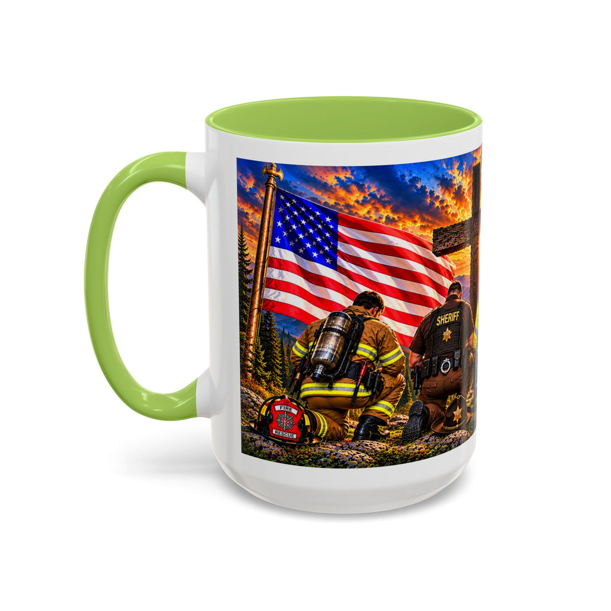 Stand for the Flag, Kneel for the Cross Accent Coffee Mug — Sheriff, Firefighter, EMS & 9-1-1 Telecommunicator 15oz