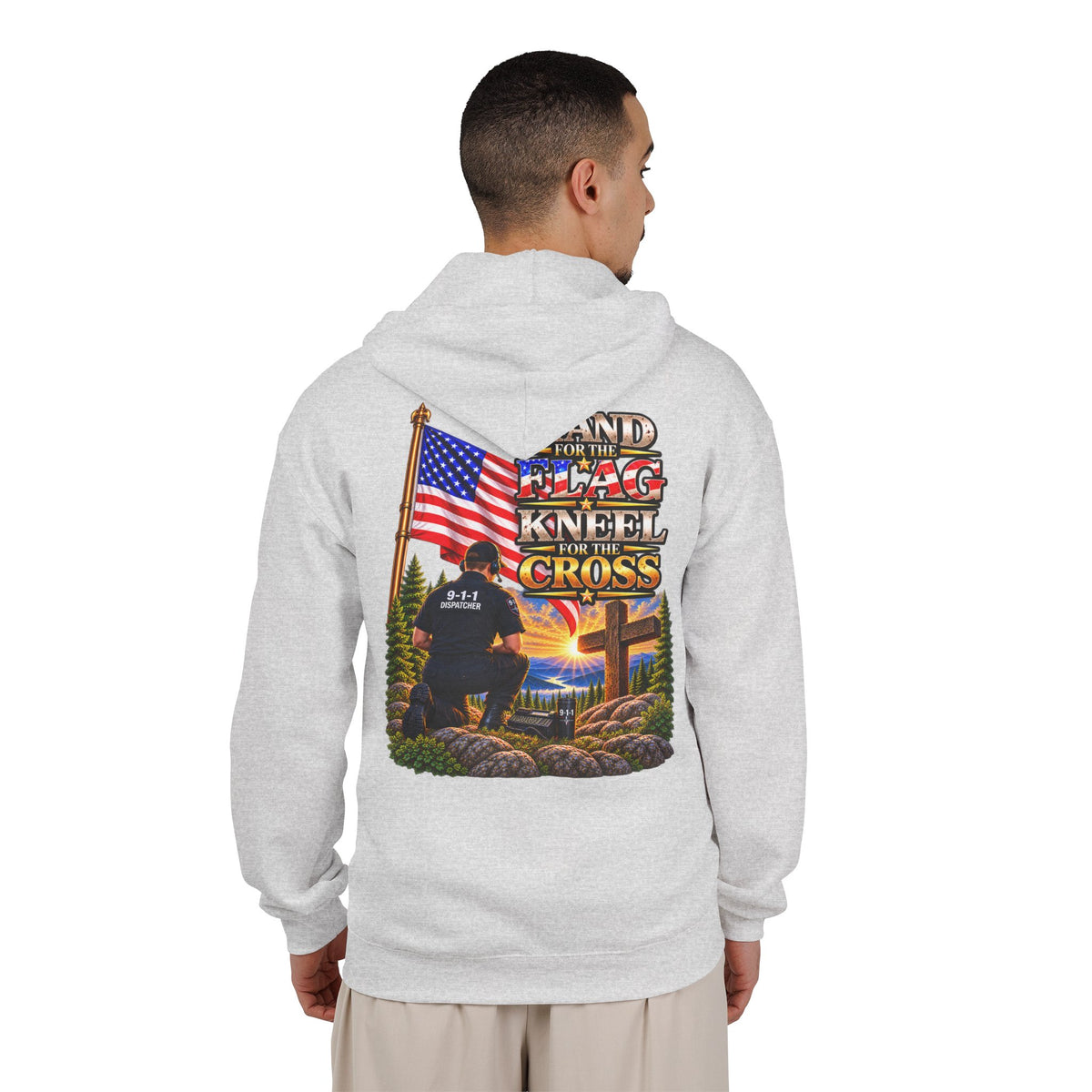 -1-1 Dispatcher_White Male_ Flag & Cross Full-Zip Hoodie – American Flag, ‘Stand & Kneel for the Cross’ Back Graphic_WF