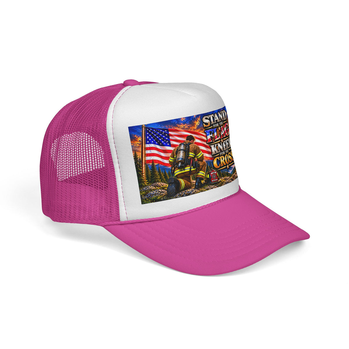 Firefighter_Trucker Cap — "Stand for the Flag, Kneel for the Cross" Patriotic Firefighter Mesh Hat