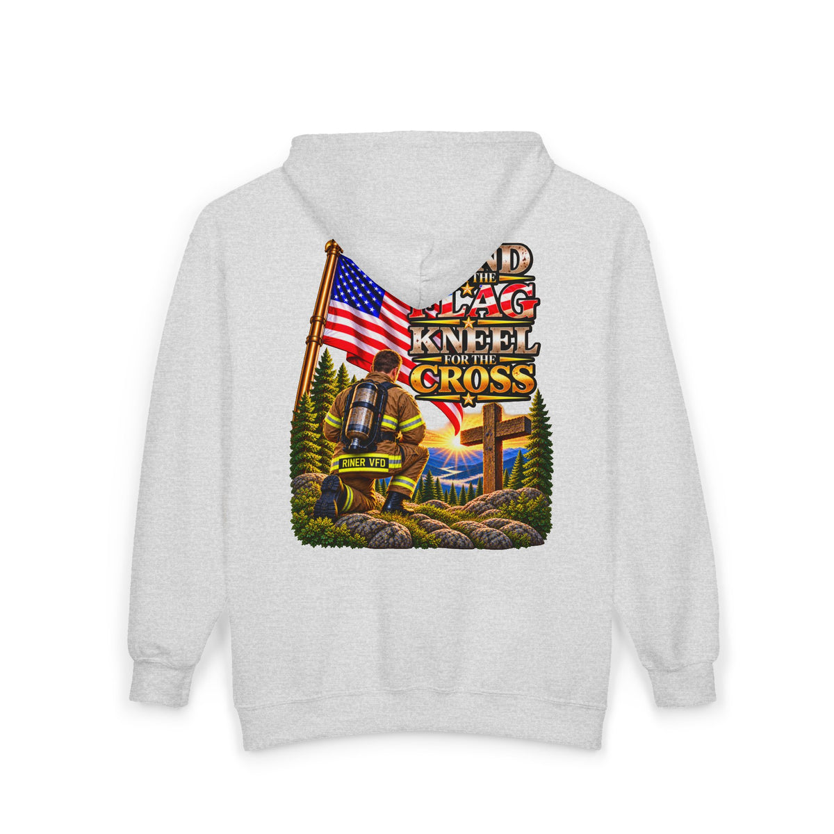 Riner VFD Firefighter Stand for the Flag, Kneel for the Cross - Hoodie_WM