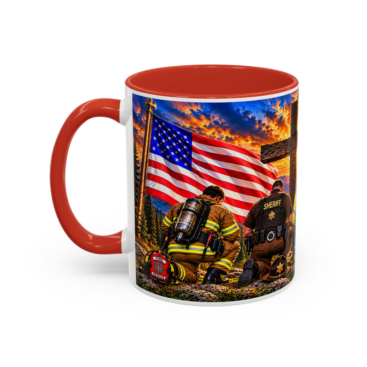 Stand for the Flag, Kneel for the Cross Accent Coffee Mug — Sheriff, Firefighter, EMS & 9-1-1 Telecommunicator 15oz