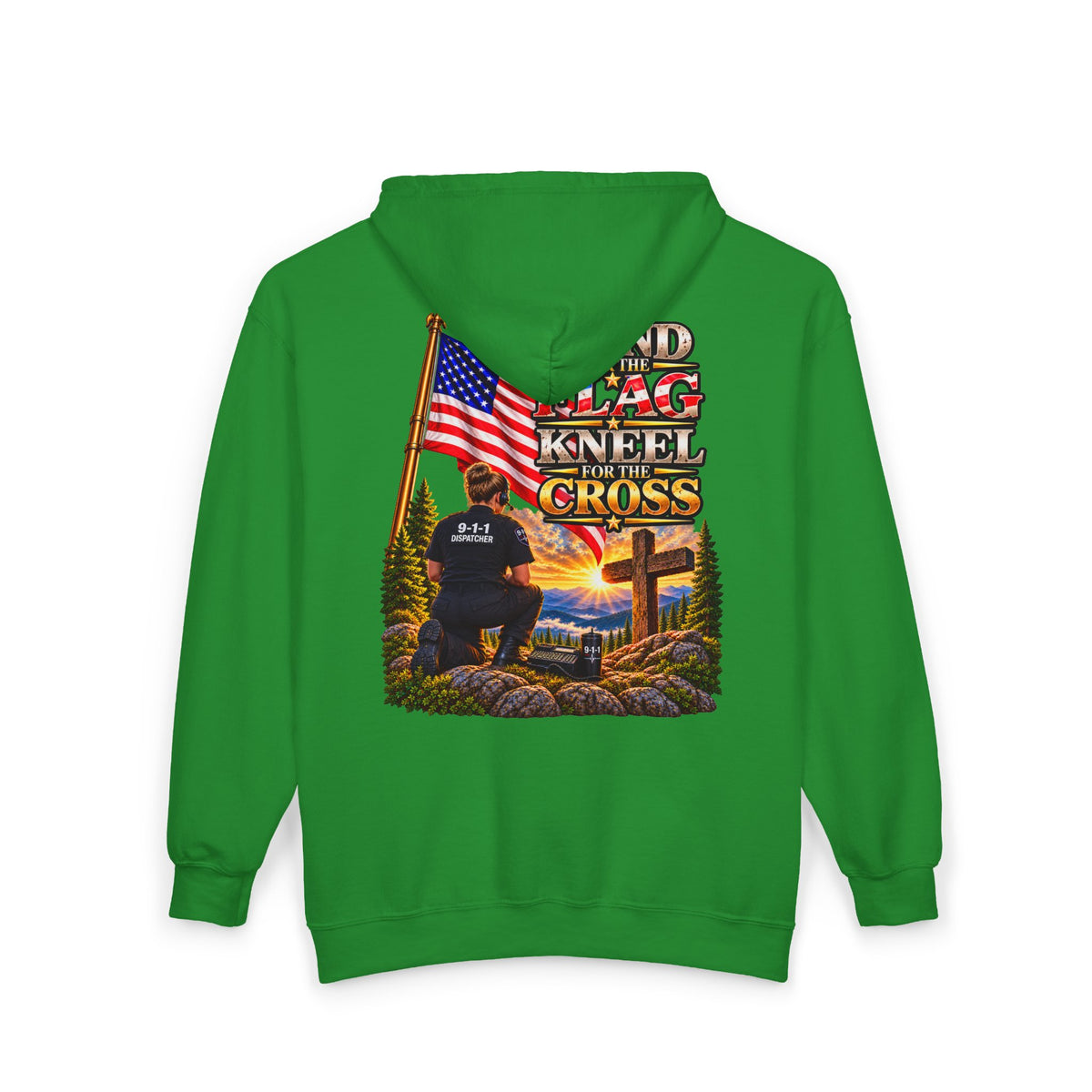 9-1-1 Dispatcher Flag & Cross Full-Zip Hoodie – American Flag, ‘Stand & Kneel for the Cross’ Back Graphic_WF