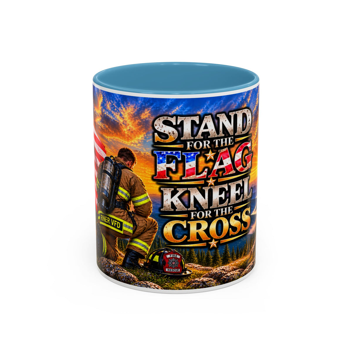 Riner_Firefighter_Stand for the Flag, Kneel for the Cross Coffee Mug_WM