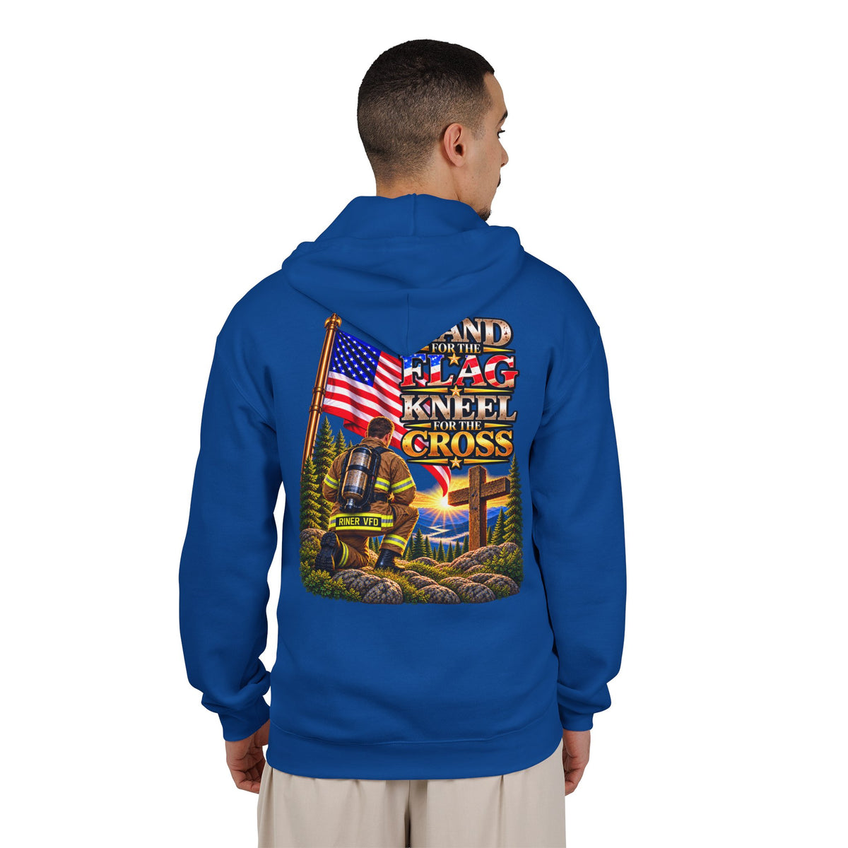 Riner VFD Firefighter Stand for the Flag, Kneel for the Cross - Hoodie_WM