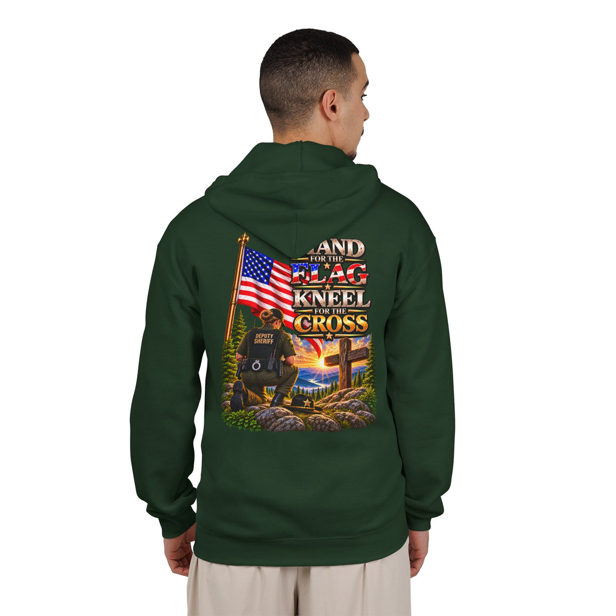 Deputy Flag & Cross Full-Zip Hoodie – American Flag, ‘Stand for the Flag and Kneel for the Cross’ Back Graphic_WF