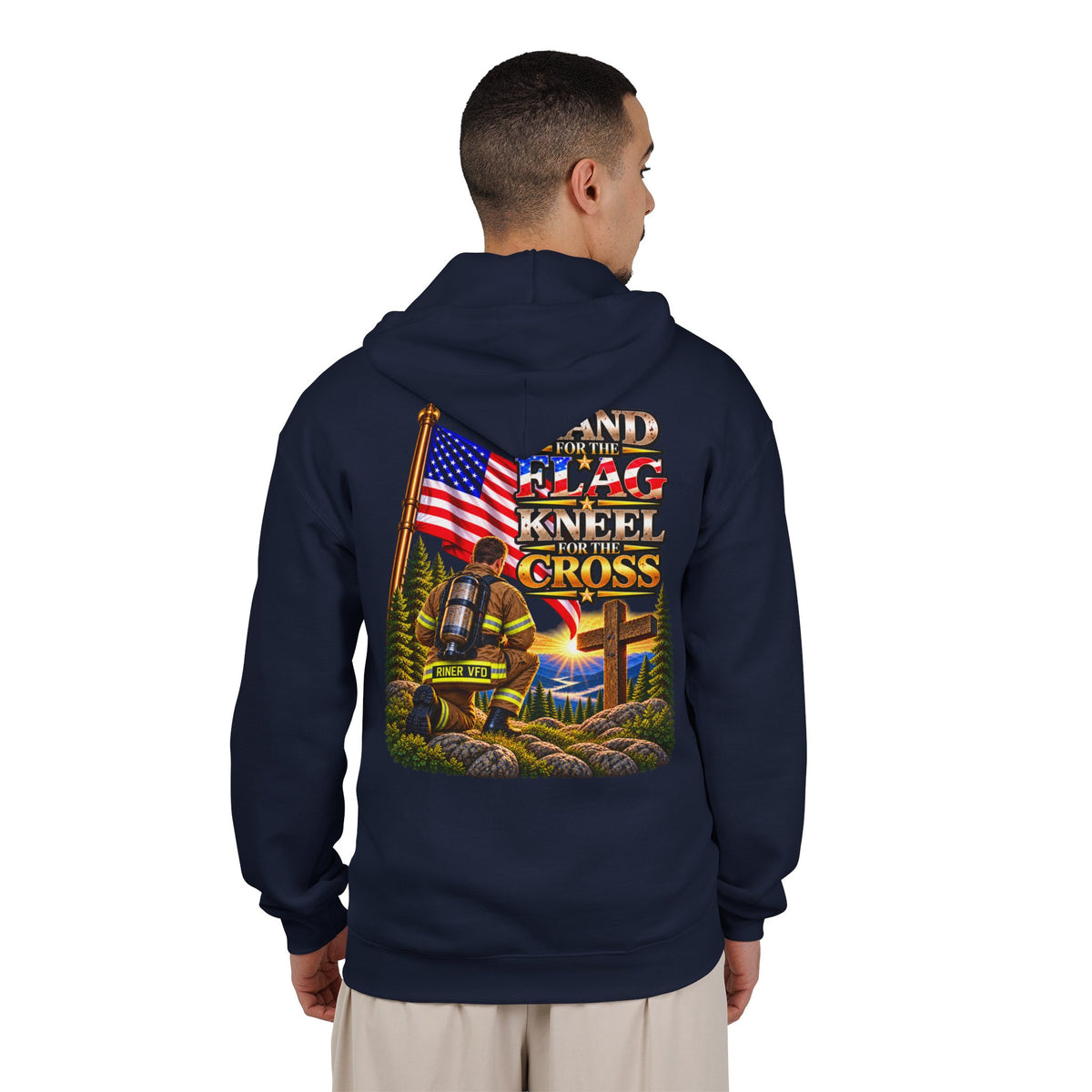 Riner VFD Firefighter Stand for the Flag, Kneel for the Cross - Hoodie_WM