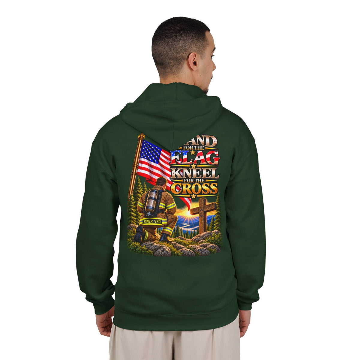 Riner VFD Firefighter Stand for the Flag, Kneel for the Cross - Hoodie_WM