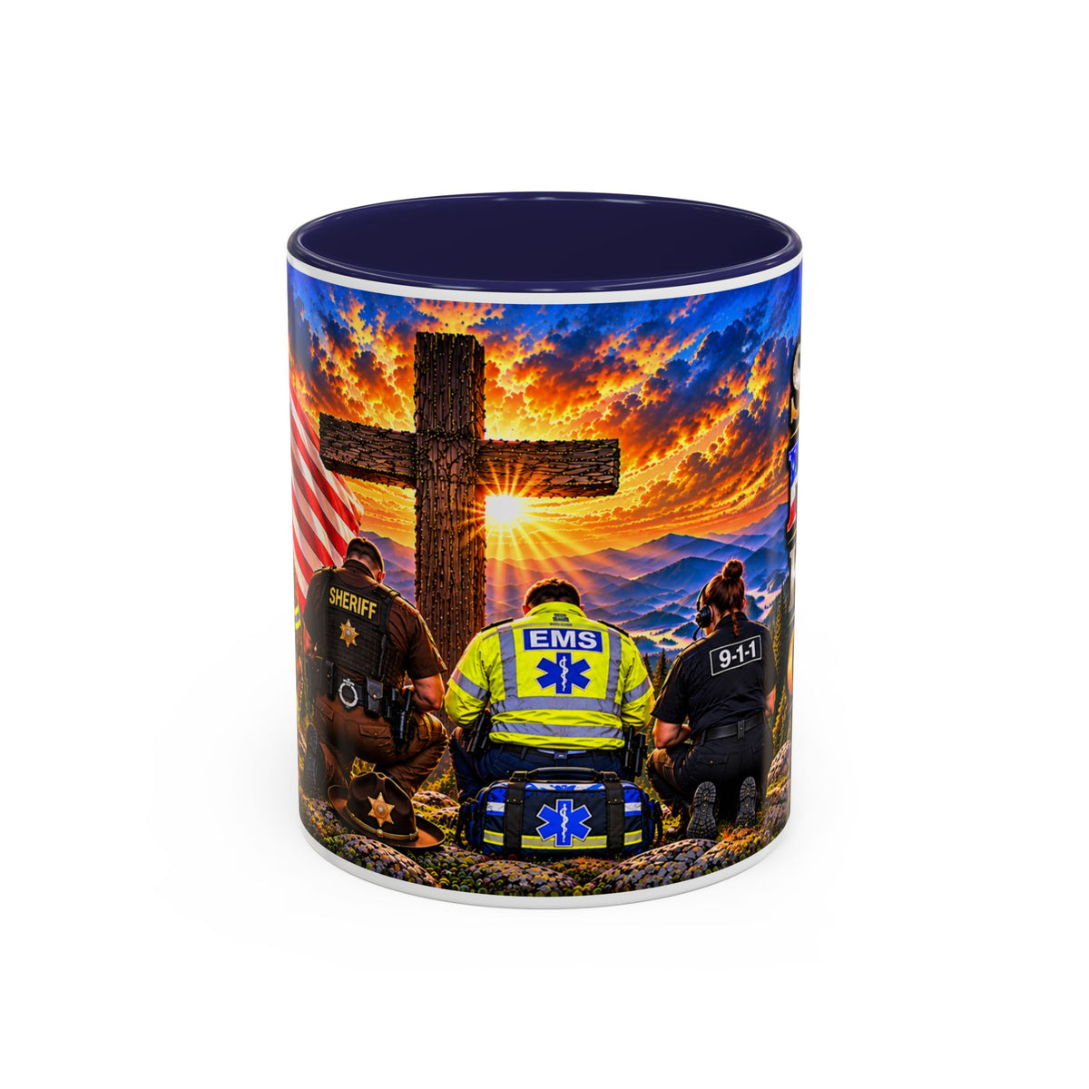 Stand for the Flag, Kneel for the Cross Accent Coffee Mug — Sheriff, Firefighter, EMS & 9-1-1 Telecommunicator 15oz