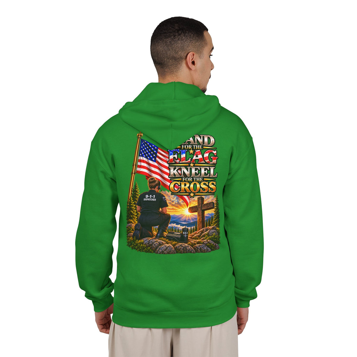 9-1-1 Dispatcher Flag & Cross Full-Zip Hoodie – American Flag, ‘Stand & Kneel for the Cross’ Back Graphic_WF