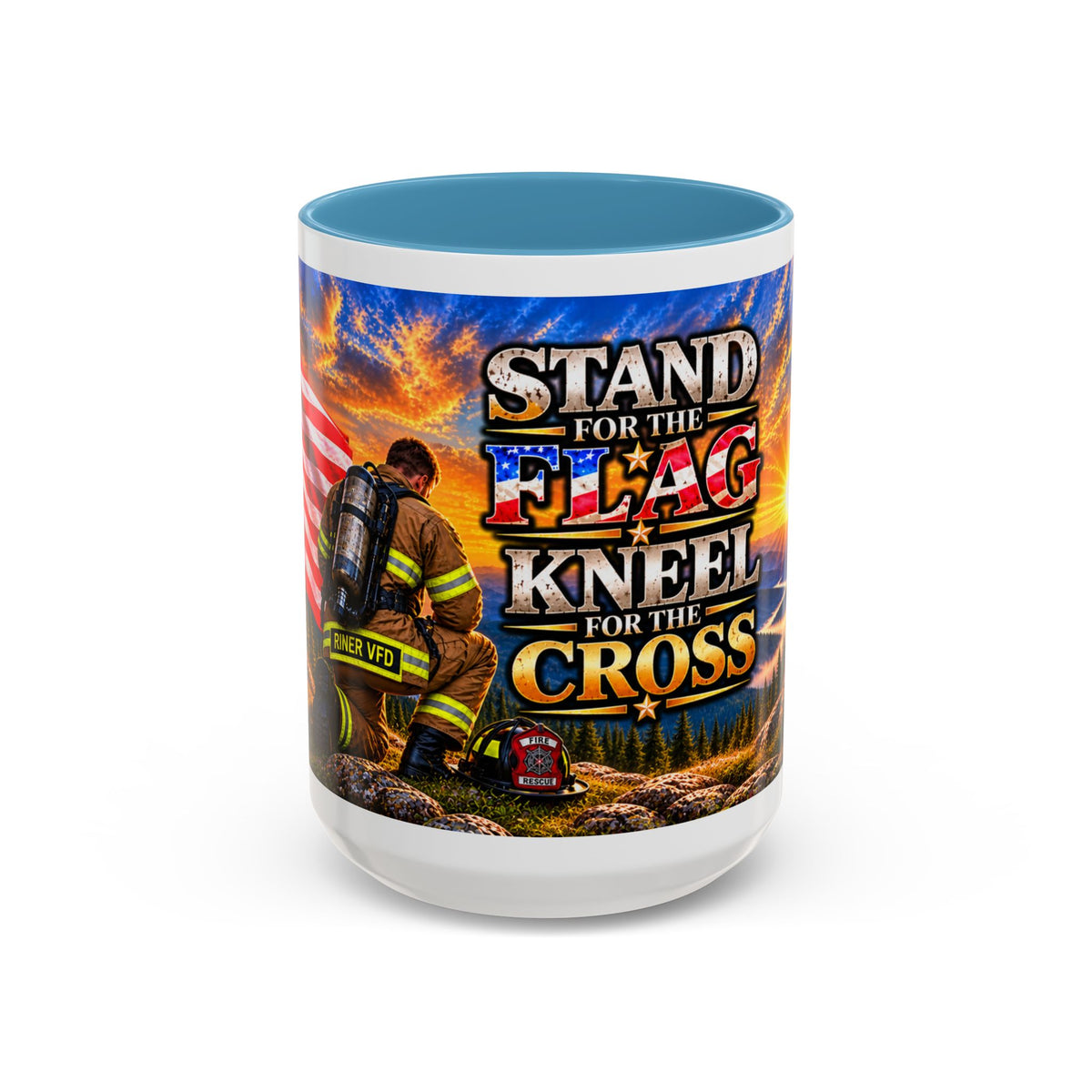 Riner_Firefighter_Stand for the Flag, Kneel for the Cross Coffee Mug_WM