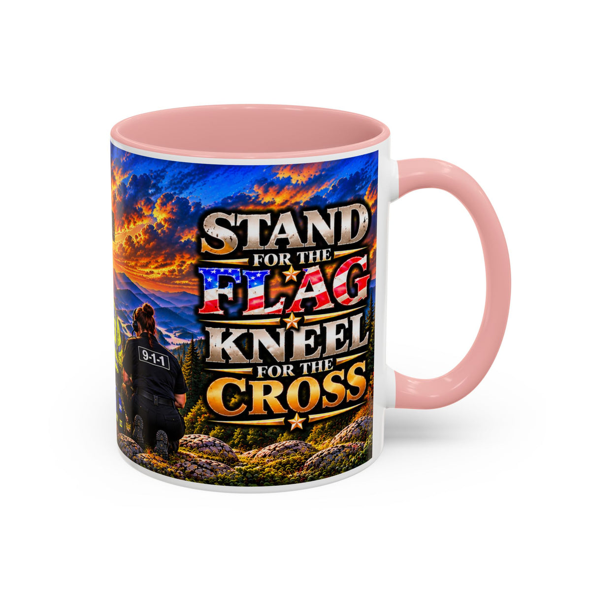 Stand for the Flag, Kneel for the Cross Accent Coffee Mug — Sheriff, Firefighter, EMS & 9-1-1 Telecommunicator 15oz