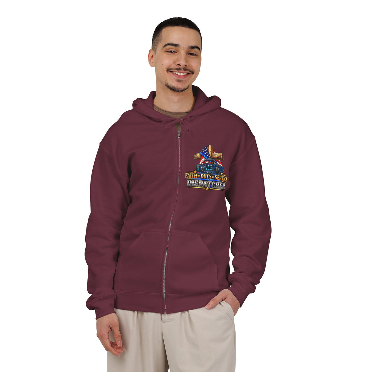 9-1-1 Dispatcher Flag & Cross Full-Zip Hoodie – American Flag, ‘Stand & Kneel for the Cross’ Back Graphic_WF