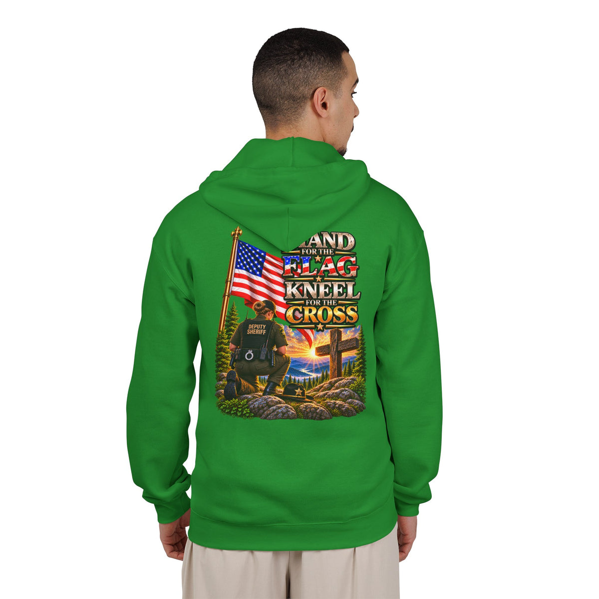 Deputy Flag & Cross Full-Zip Hoodie – American Flag, ‘Stand for the Flag and Kneel for the Cross’ Back Graphic_WF