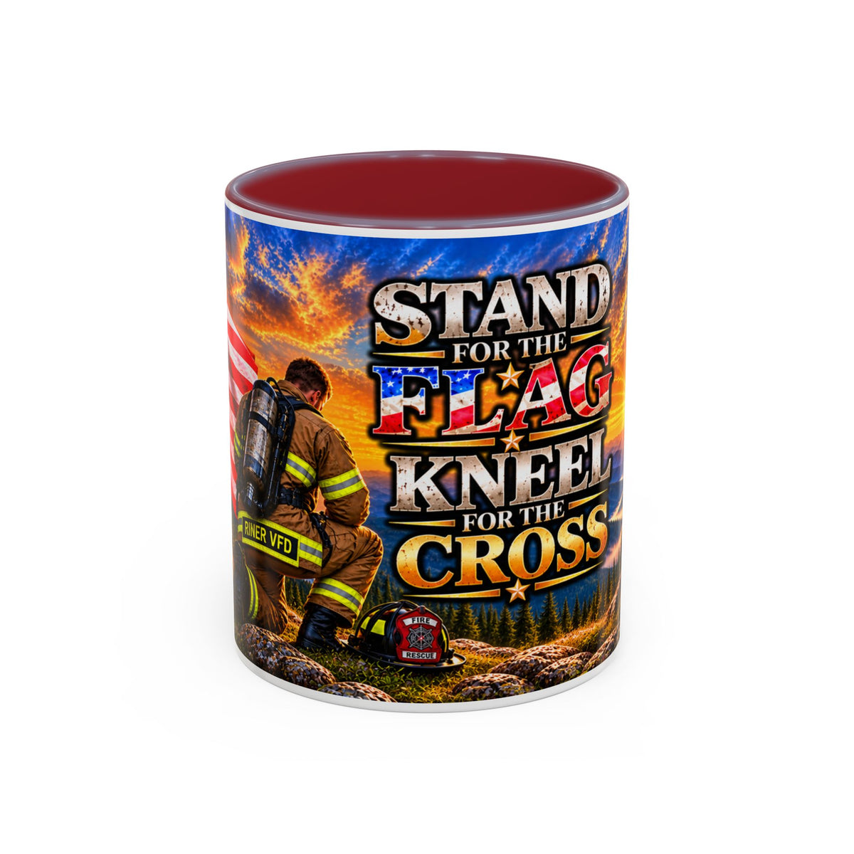 Riner_Firefighter_Stand for the Flag, Kneel for the Cross Coffee Mug_WM