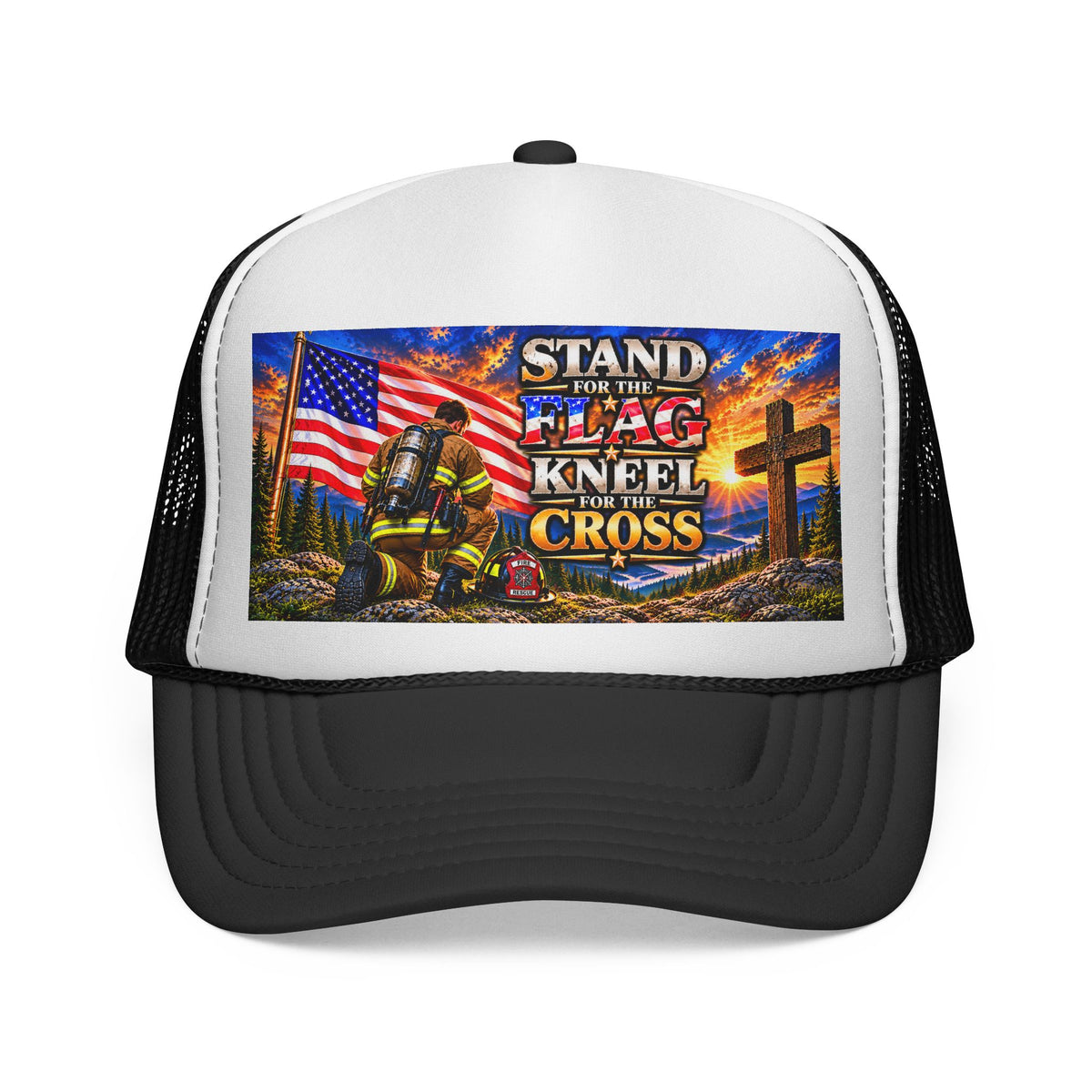 Firefighter_Trucker Cap — "Stand for the Flag, Kneel for the Cross" Patriotic Firefighter Mesh Hat
