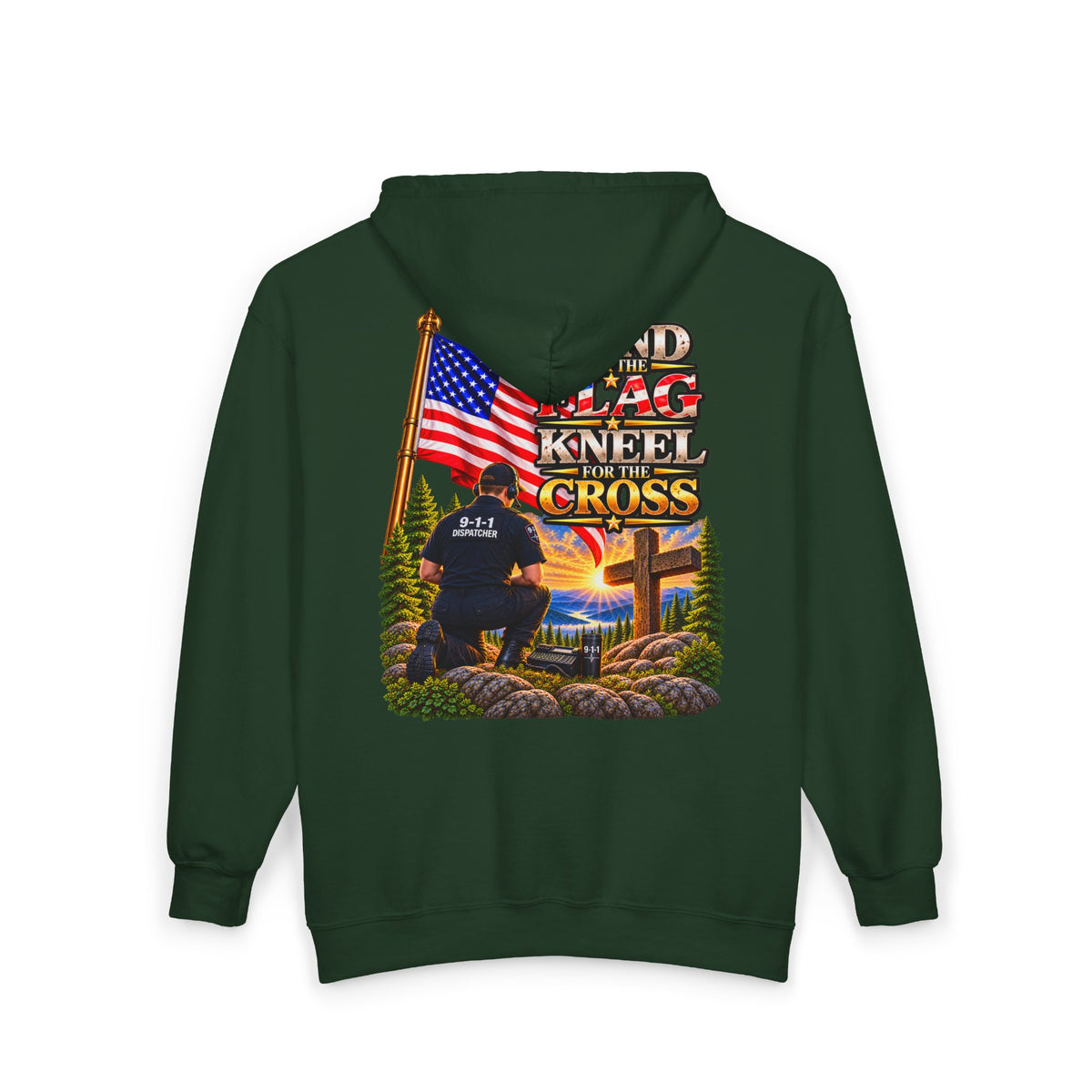 -1-1 Dispatcher_White Male_ Flag & Cross Full-Zip Hoodie – American Flag, ‘Stand & Kneel for the Cross’ Back Graphic_WF