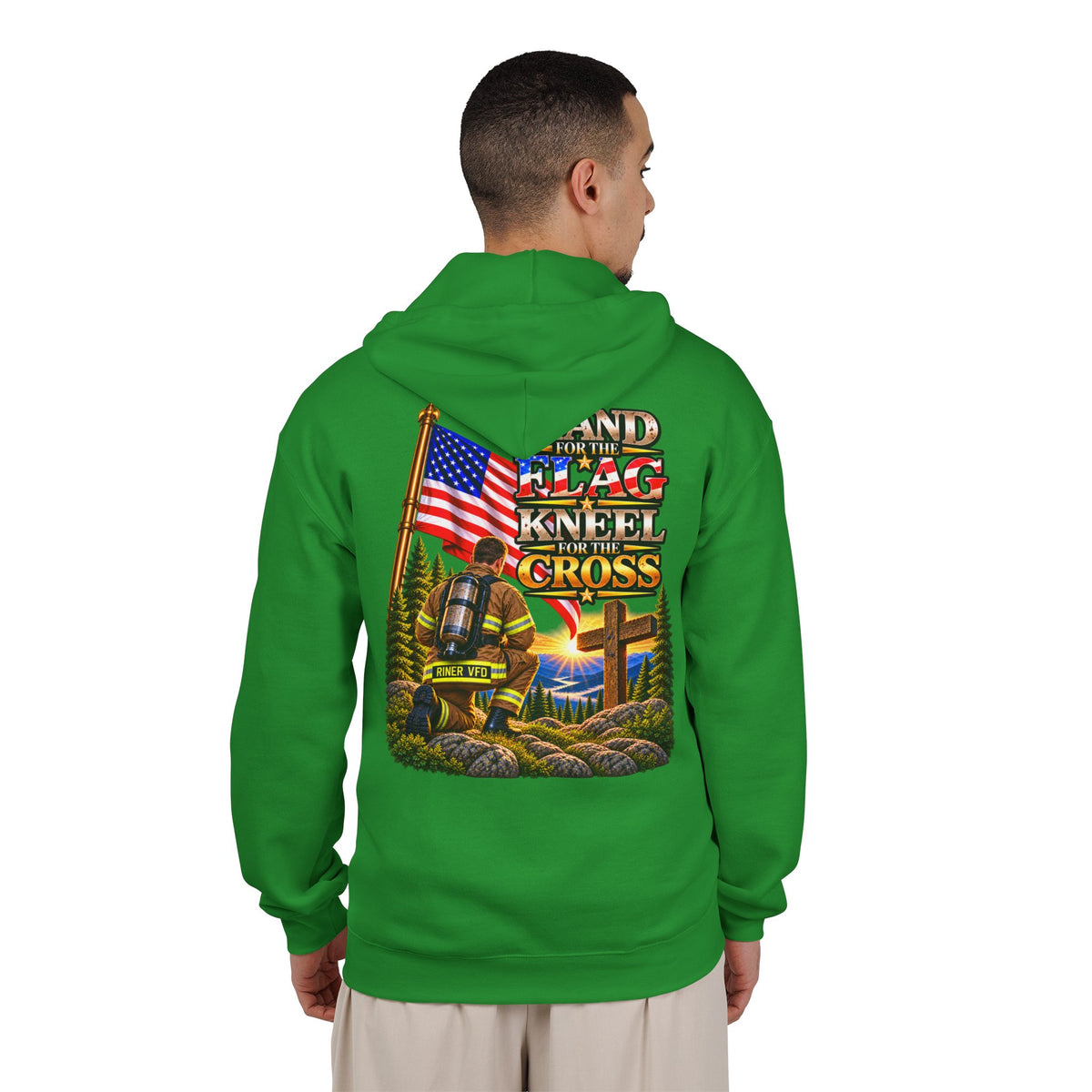 Riner VFD Firefighter Stand for the Flag, Kneel for the Cross - Hoodie_WM