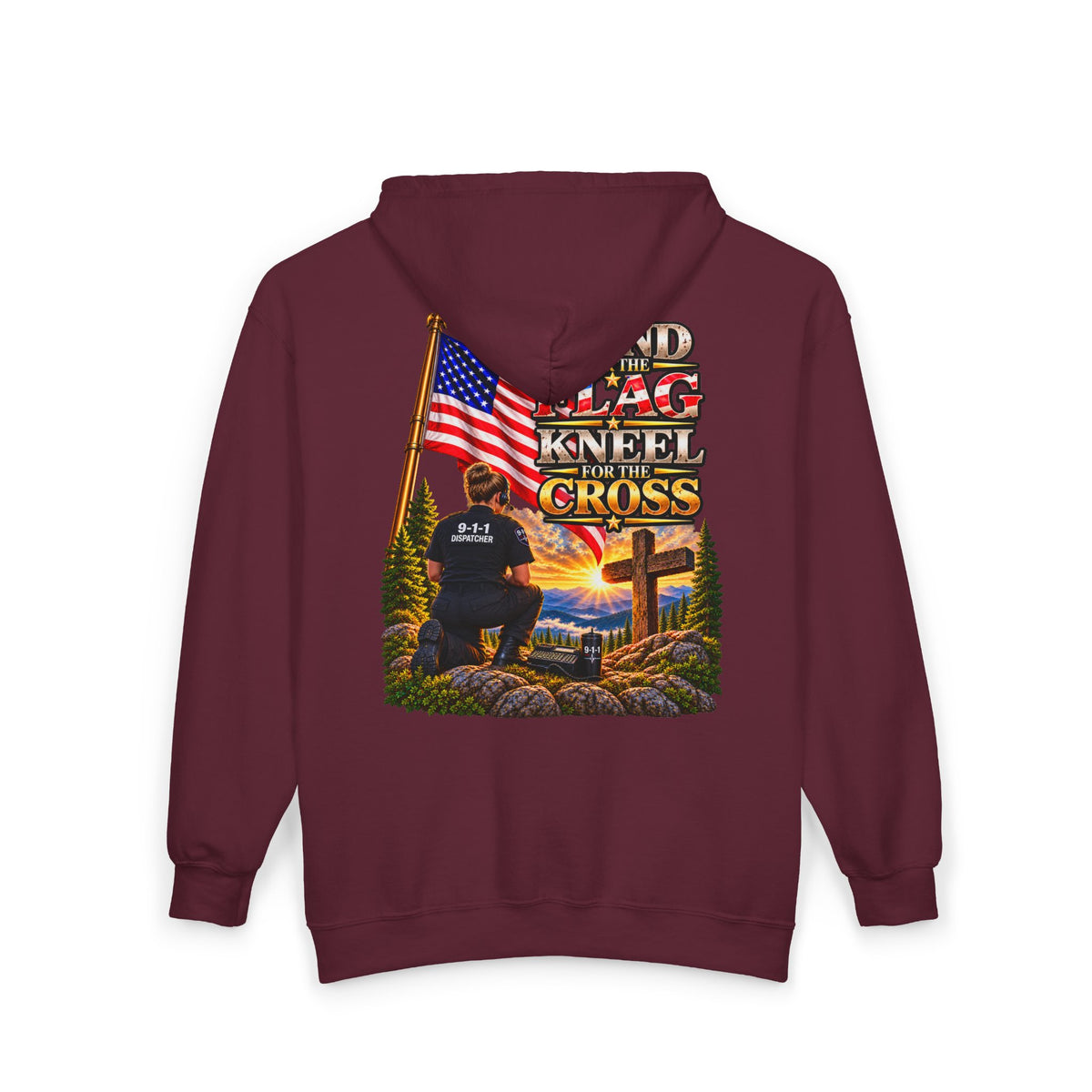 9-1-1 Dispatcher Flag & Cross Full-Zip Hoodie – American Flag, ‘Stand & Kneel for the Cross’ Back Graphic_WF