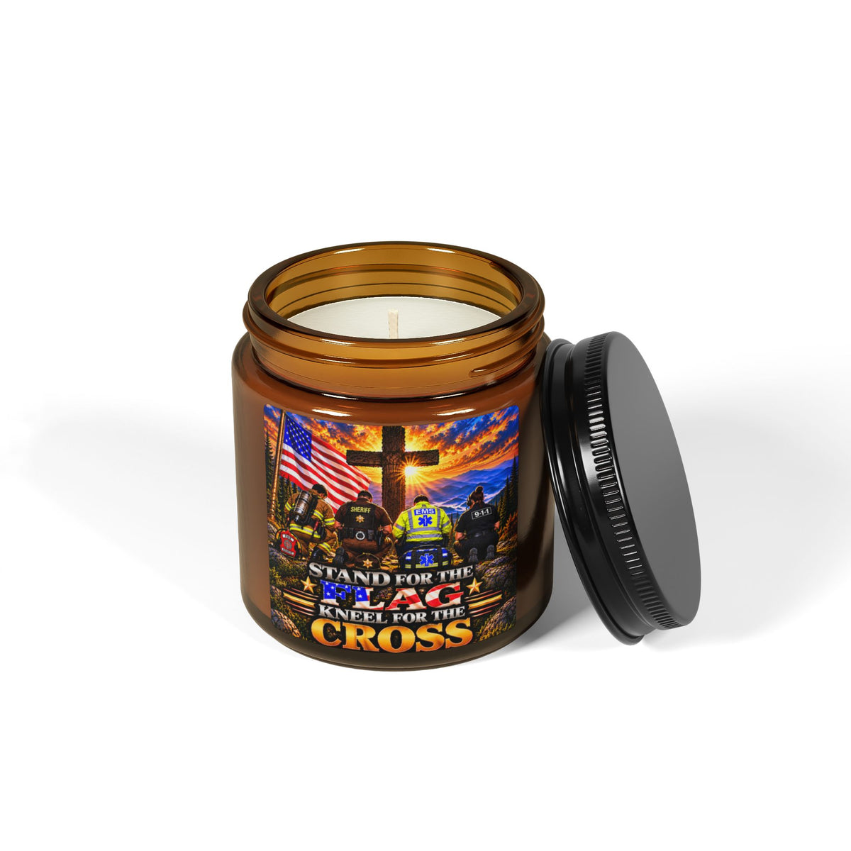 Soy Candle — "Stand For The Flag, Kneel For The Cross" (Amber Jar) First Responders