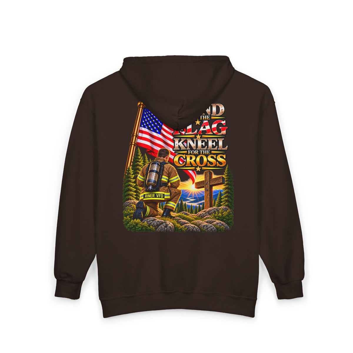 Riner VFD Firefighter Stand for the Flag, Kneel for the Cross - Hoodie_WM