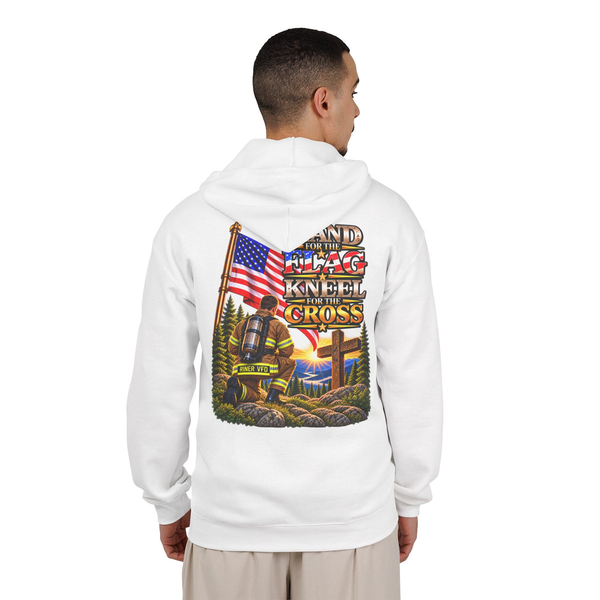 Riner VFD Firefighter Stand for the Flag, Kneel for the Cross - Hoodie_WM