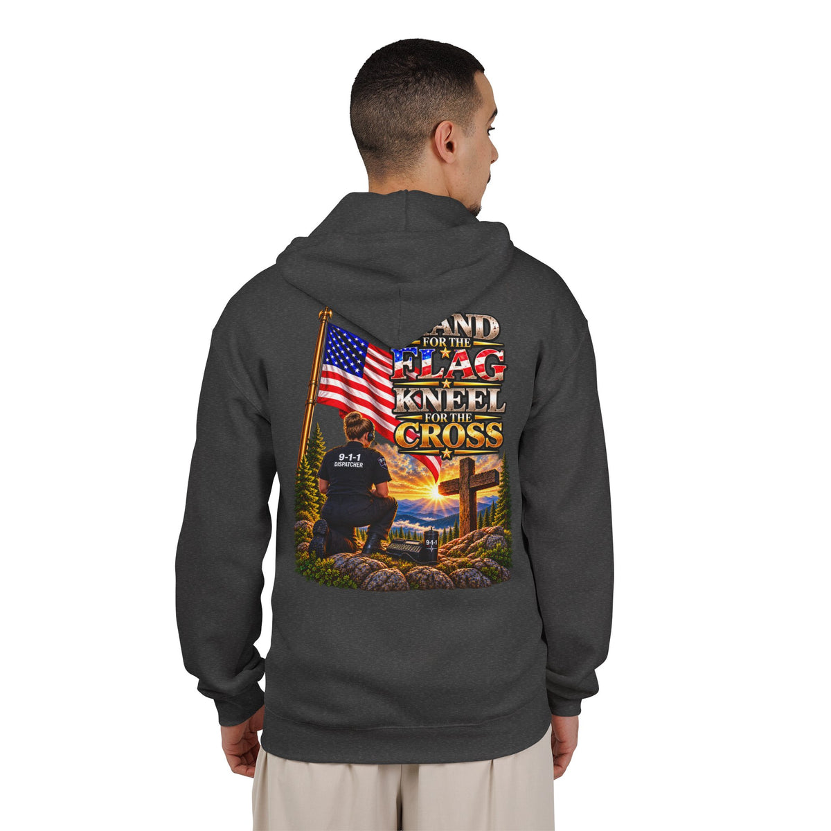9-1-1 Dispatcher Flag & Cross Full-Zip Hoodie – American Flag, ‘Stand & Kneel for the Cross’ Back Graphic_WF