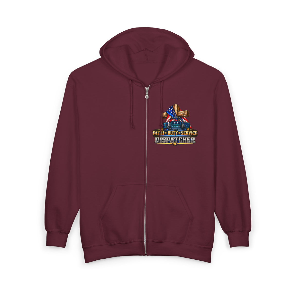 -1-1 Dispatcher_White Male_ Flag & Cross Full-Zip Hoodie – American Flag, ‘Stand & Kneel for the Cross’ Back Graphic_WF