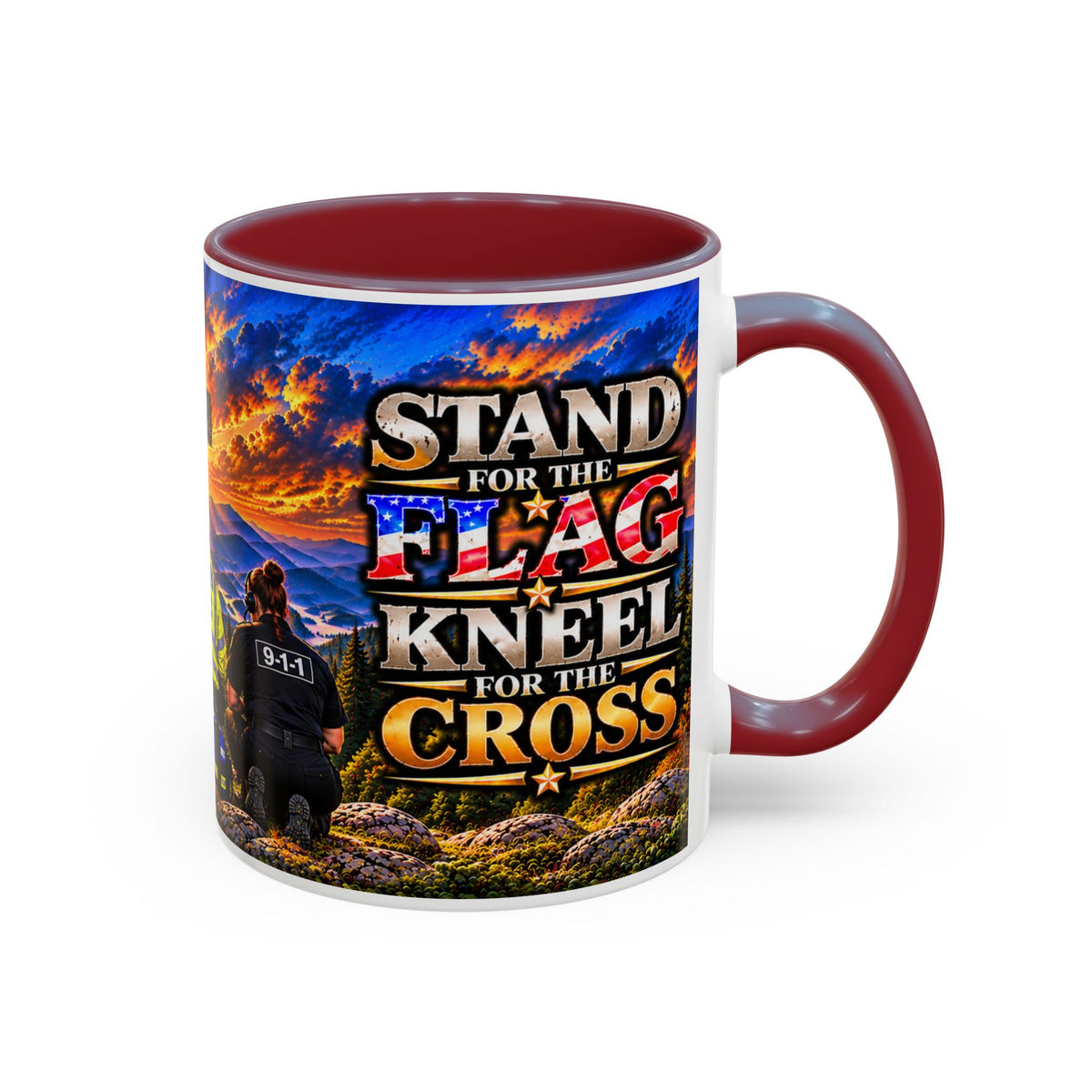 Stand for the Flag, Kneel for the Cross Accent Coffee Mug — Sheriff, Firefighter, EMS & 9-1-1 Telecommunicator 15oz