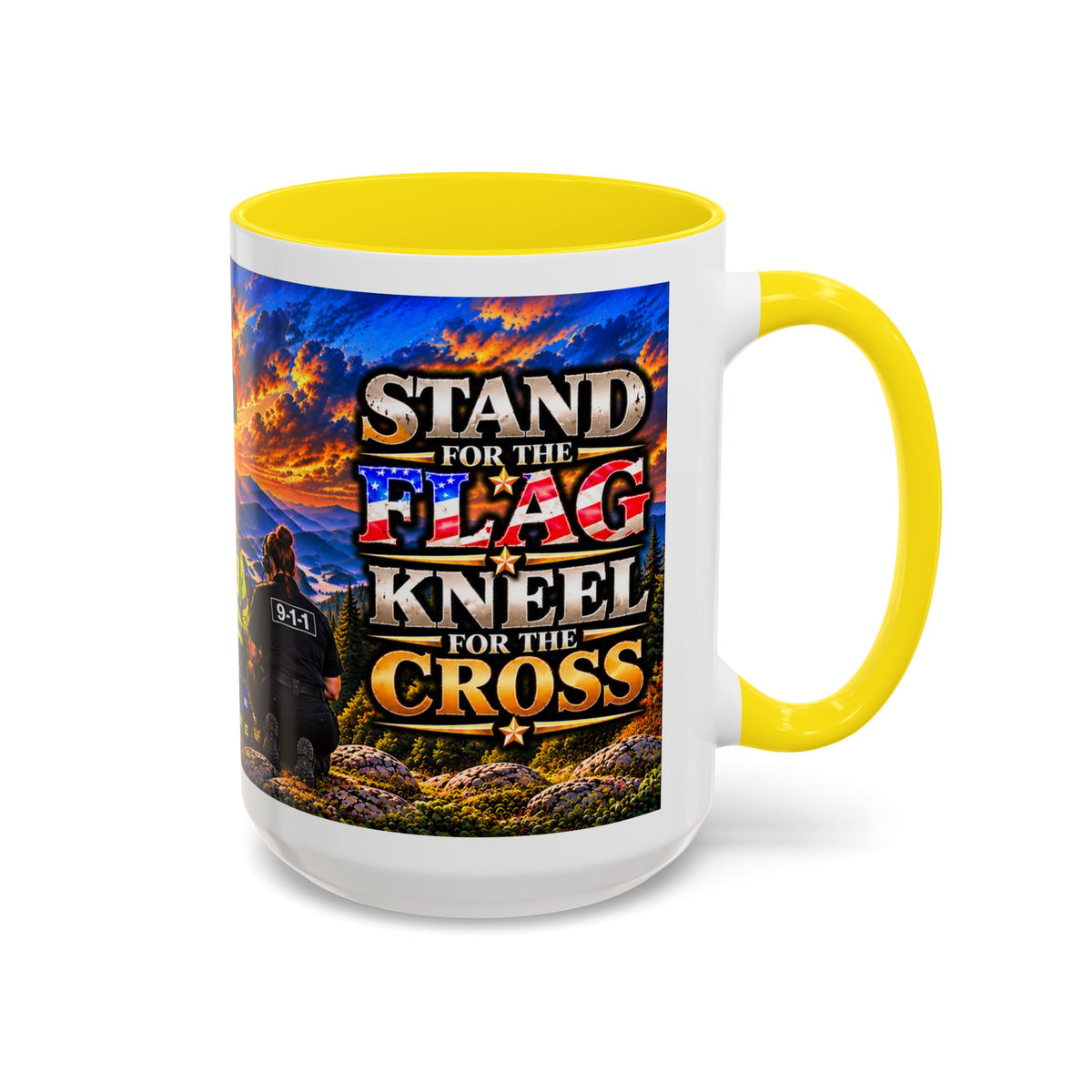 Stand for the Flag, Kneel for the Cross Accent Coffee Mug — Sheriff, Firefighter, EMS & 9-1-1 Telecommunicator 15oz