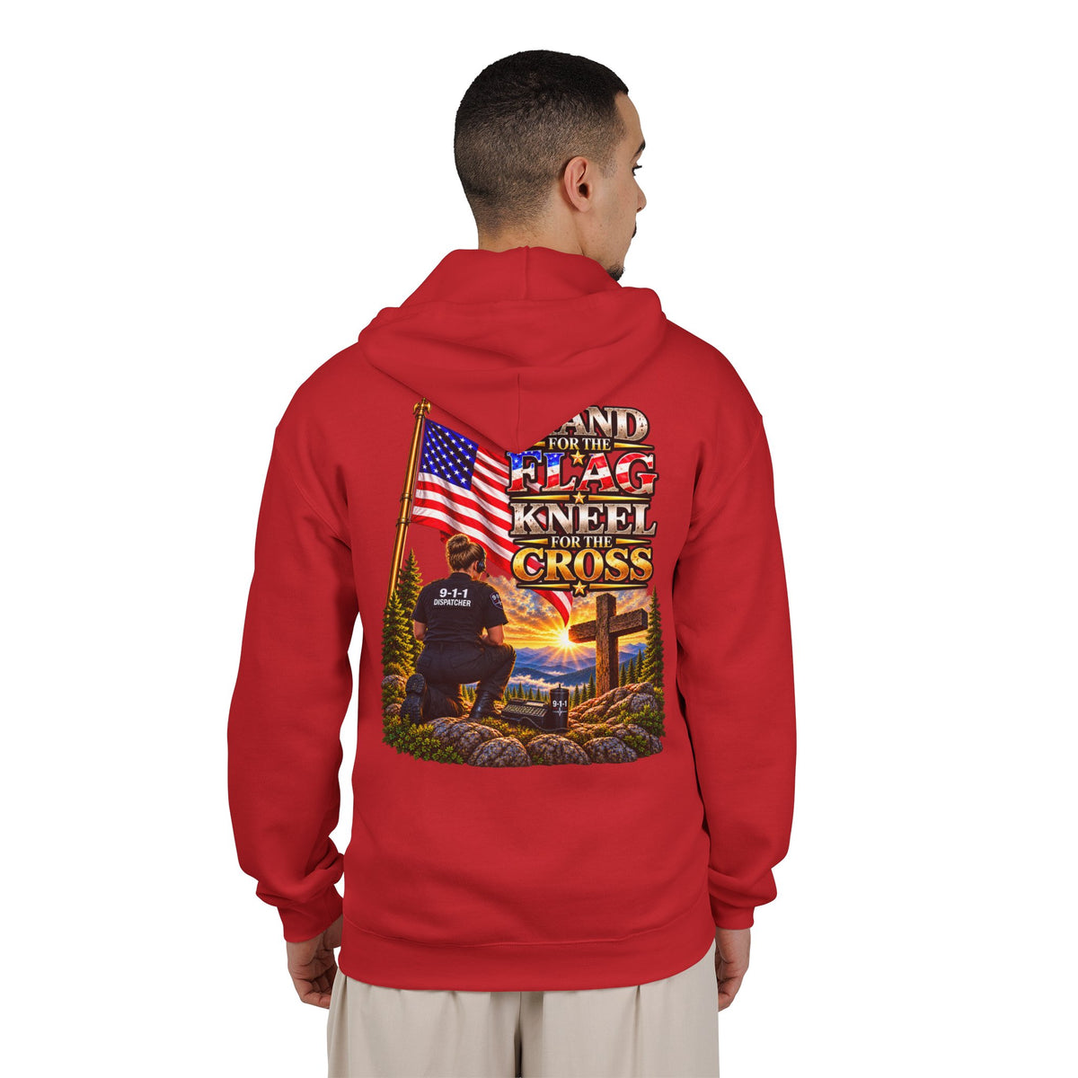 9-1-1 Dispatcher Flag & Cross Full-Zip Hoodie – American Flag, ‘Stand & Kneel for the Cross’ Back Graphic_WF